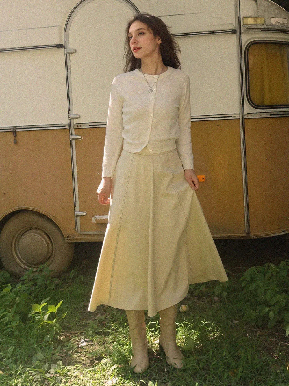 PREMIERE AMOUR-Day Off A-Line Long Skirt - Beige